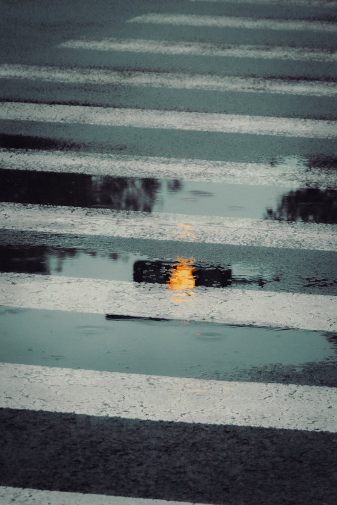 A reflection of a street with a puddle